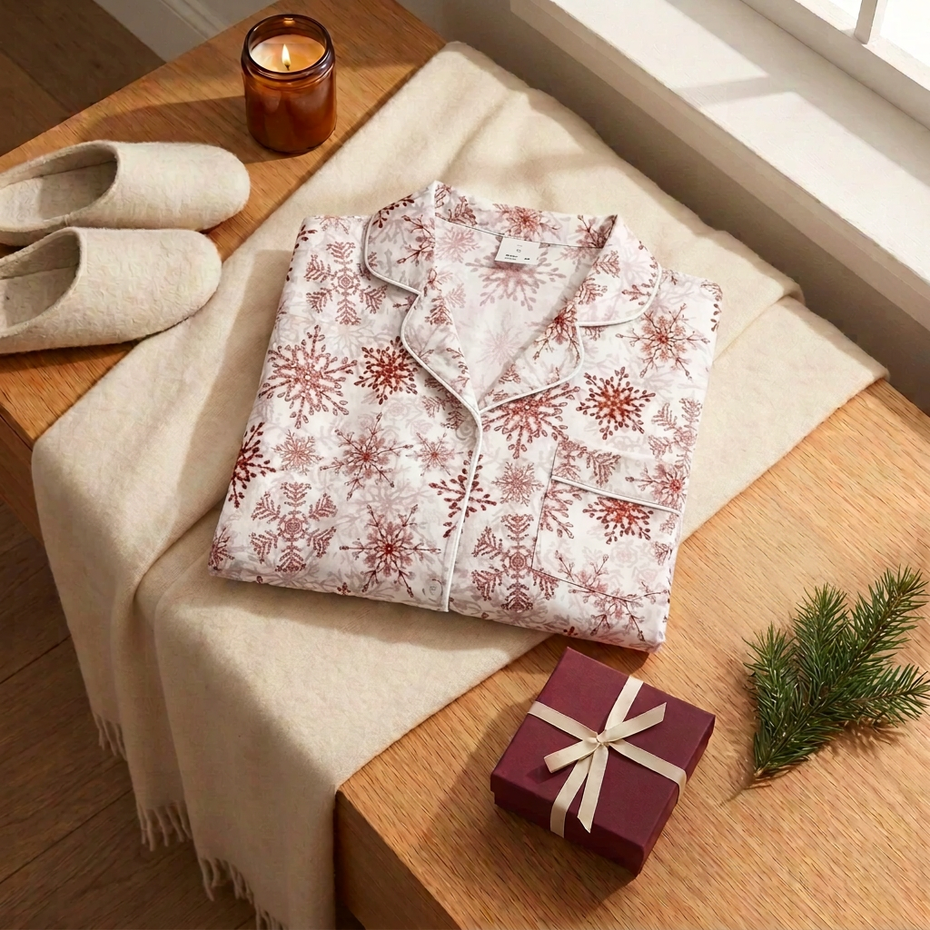White-trim Red Snowflake pajama top in a soft folded arrangement with holiday items beside it
