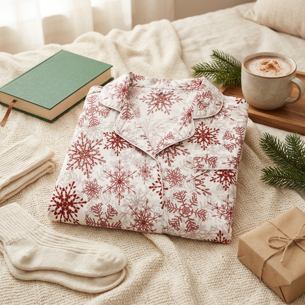 White-trim short-sleeve pajama top softly folded with cozy holiday items