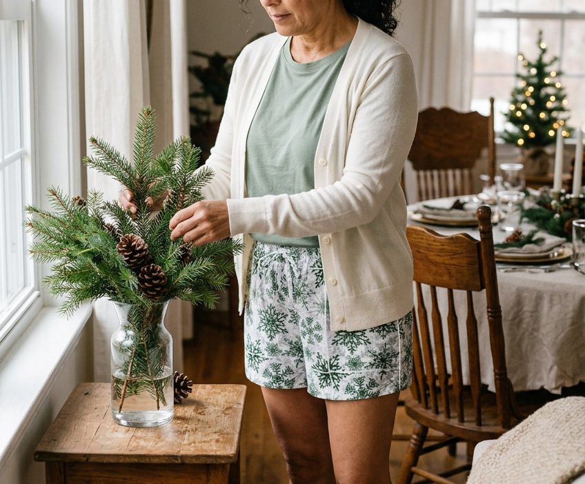 Woman arranging fir branches in a vase