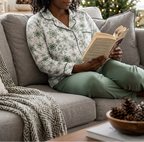 Woman comfortably reading on a sofa