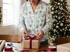 Woman naturally tying ribbon on a Christmas gift