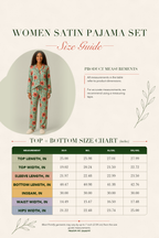 Size guide infographic for a women's satin pajama set, featuring a model wearing the pajama set in a circular frame and a detailed size measurement table at the bottom.