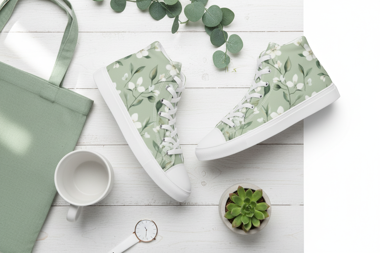 Green floral sneakers on a white wooden surface with a mug, watch, and plant.