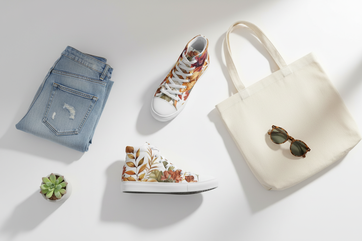 Denim jacket, floral sneakers, tote bag with sunglasses, and decorative plate on a white surface