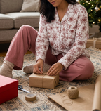 Wrapping a gift with relaxed rose pajama pants