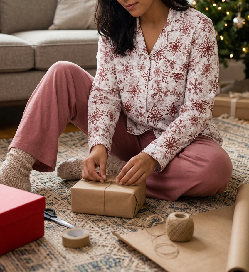 Wrapping a gift with relaxed rose pajama pants